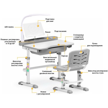 Комплект мебели  столик   стульчик   лампа  EVO-17 G  с лампой  столешница белая / пластик серый  одна коробка 