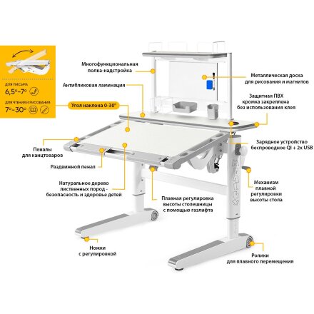 Детский стол Mealux Ergowood - L Multicolor  полка BD P-17 TG  арт.BD-810 TG/MC Energy   BD P-17 TG  - столешница беленый дуб / накладки на ножках серые  коробок-3 шт. 